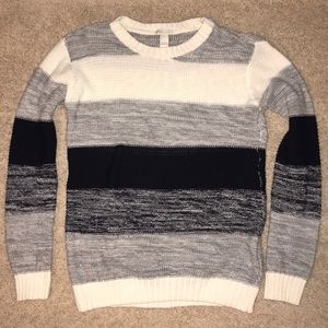 Navy, grey, white striped crew neck sweater